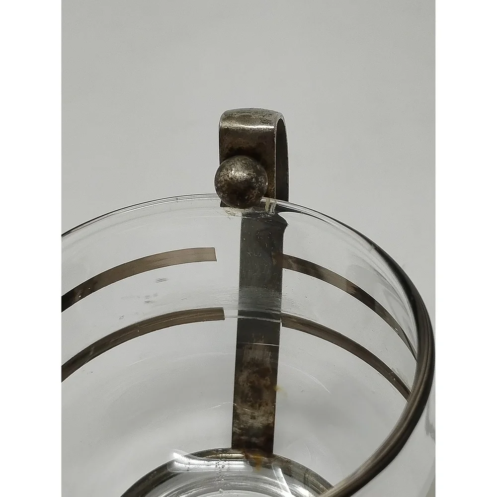 Minimalist Retro Vintage MCM Glass Creamer Pitcher Silver Tone Metal Base 3in